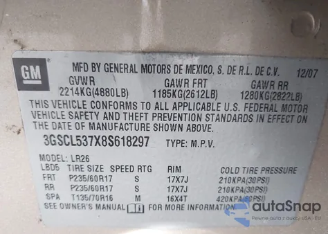 2008 Saturn Vue V6 Xr from USA, damaged, VIN 3GSCL537X8S618297